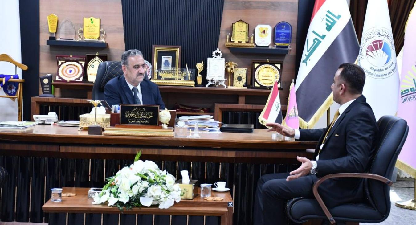 The President of the University of Fallujah receives the Vice President of the Statistics Authority and discusses with him ways to activate joint cooperation frameworks